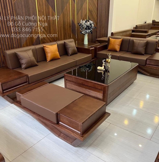 Ghế Sofa Gỗ Sồi Nga Lau Màu Óc Chó 2 Văng Thuyền 