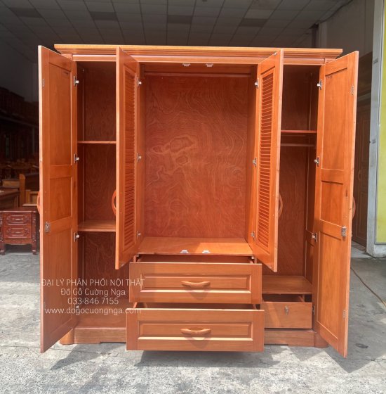 Tủ quần áo gỗ xoan đào 4 cánh hiện đại - hoa thị lá sách 