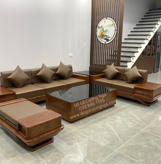 Bàn Ghế Sofa 2 Văng Gỗ Sồi Nga Cao Cấp Chân Thuyền 