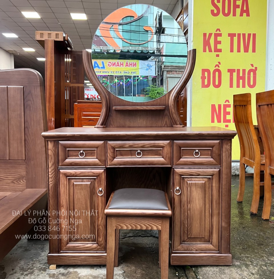 Bàn Trang Điểm Gỗ Sồi Nga Màu Óc Chó 1m07 Gương Tròn