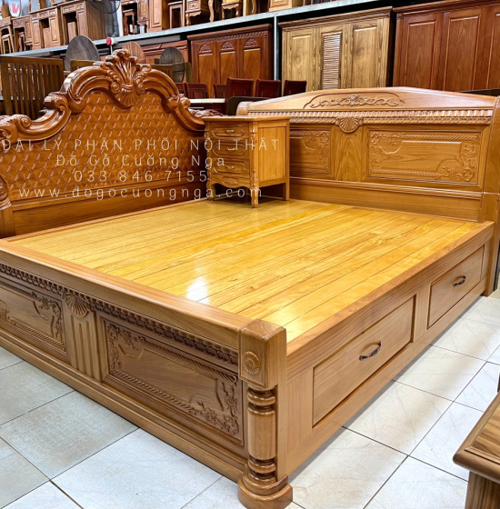 Giường Gỗ Gõ Đỏ Cao Cấp 2 Ngăn Kéo Mẫu X Cong 