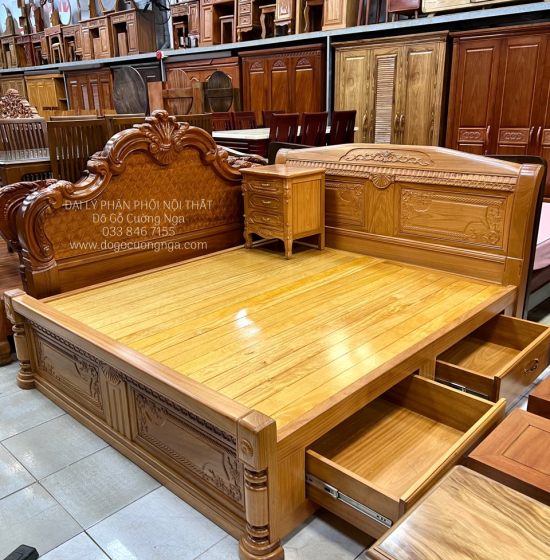 Giường Gỗ Gõ Đỏ Cao Cấp 2 Ngăn Kéo Mẫu X Cong 