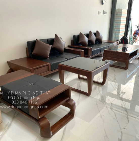 Bộ Bàn Ghế Sofa Gỗ Sồi Nga 2 Văng Chân Xoắn Cao Cấp
