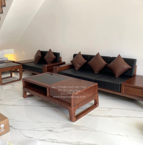 Bộ Bàn Ghế Sofa Gỗ Sồi Nga 2 Văng Chân Xoắn Cao Cấp