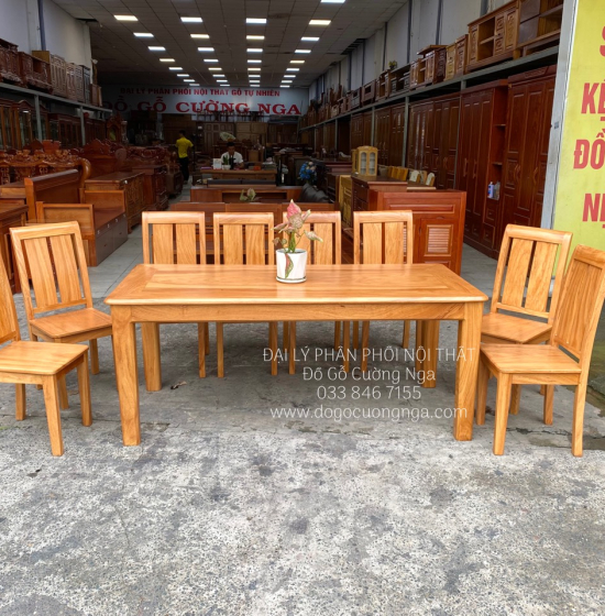 Bộ Bàn Ăn Gỗ Gõ Đỏ Hiện Đại 8 Ghế Mặt Liền 