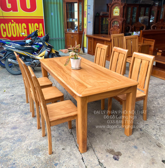 Bộ Bàn Ăn Gỗ Gõ Đỏ Hiện Đại 8 Ghế Mặt Liền 