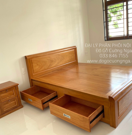 Giường Ngủ Gỗ Gõ Đỏ Mẫu Bắt Chỉ - 2 Ngăn Kéo Hiện Đại 