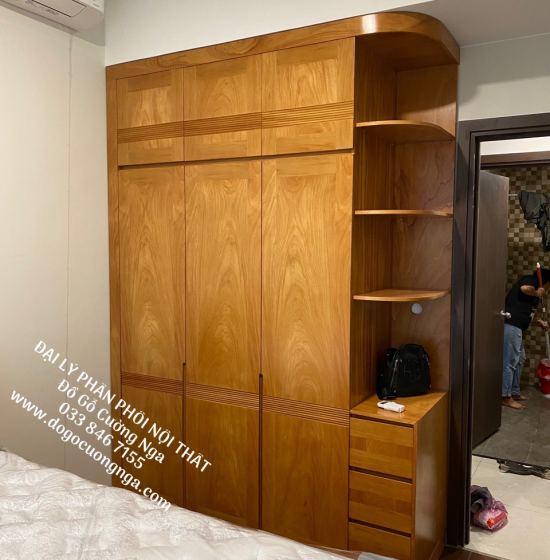 Tủ Quần Áo Gỗ Gõ Đỏ 4 Cánh Góc 2 Tầng Hiện Đại 