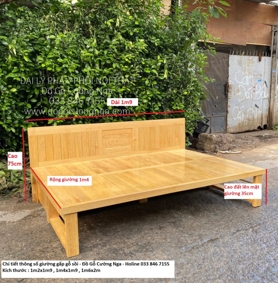 Giường Gấp Gỗ Sồi Ngăn Kéo Bản Lề Âm - Chân Cao 40cm 