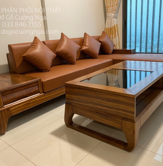 Bàn Ghế Sofa Góc L Gỗ Hương Xám 2m8x1m8 Chân Choãi Nệm Hiện Đại