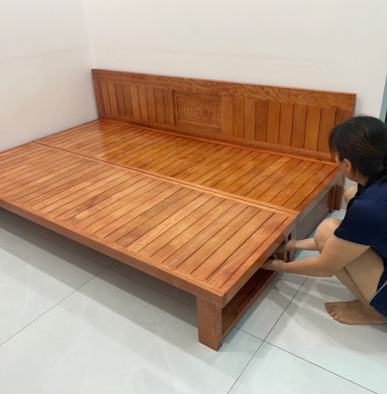 Giường gấp ô kéo gỗ sồi 1m2x1m9 - màu cánh gián 