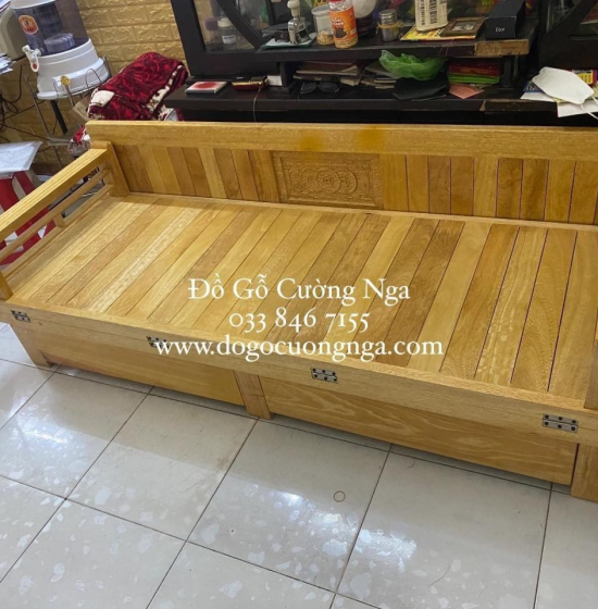 Giường gấp ô kéo gỗ sồi 1m2x1m9 - màu cánh gián 
