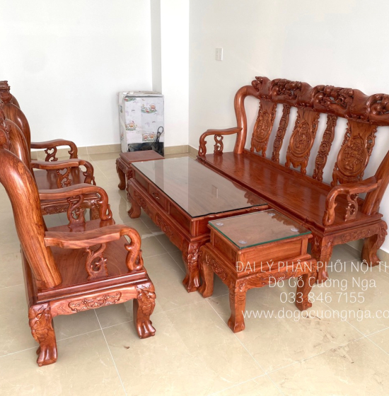 Bộ Bàn Ghế Salon Gỗ Hương Đá Mặt Liền Nguyên Tấm 10 Trạm Đào 6 Món 