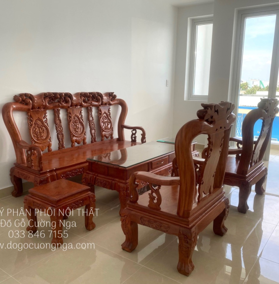 Bộ Bàn Ghế Salon Gỗ Hương Đá Mặt Liền Nguyên Tấm 10 Trạm Đào 6 Món 