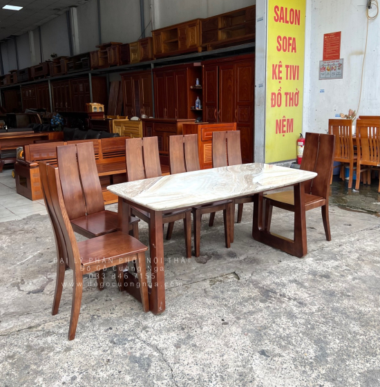Bộ Bàn Ăn Gỗ Sồi Nga Mặt Đá 6 Ghế Hiện Đại 