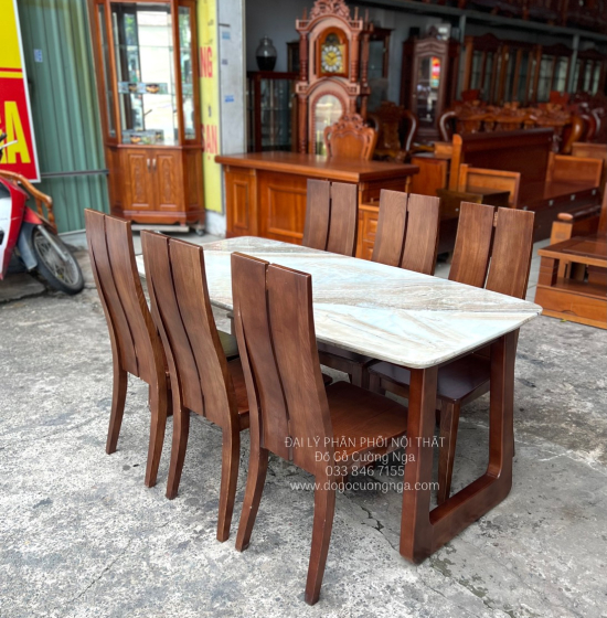 Bộ Bàn Ăn Gỗ Sồi Nga Mặt Đá 6 Ghế Hiện Đại 