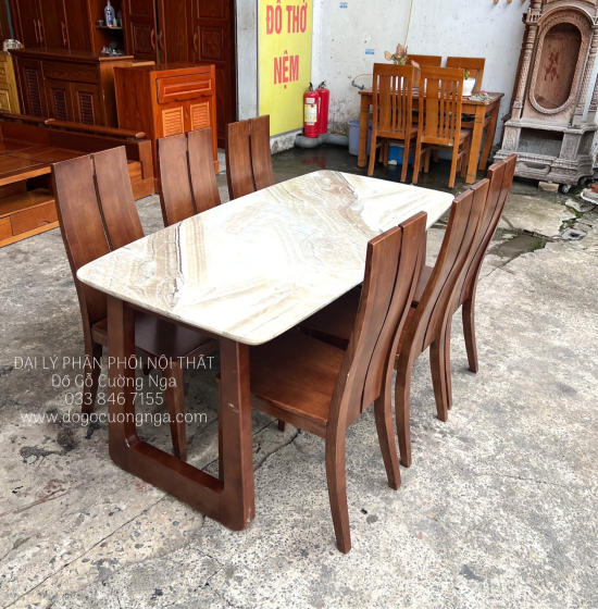 Bộ Bàn Ăn Gỗ Sồi Nga Mặt Đá 6 Ghế Hiện Đại 