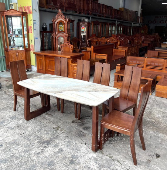 Bộ Bàn Ăn Gỗ Sồi Nga Mặt Đá 6 Ghế Hiện Đại 
