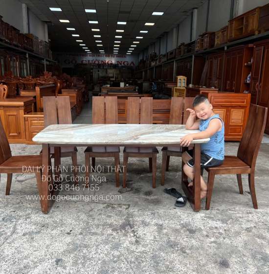 Bộ Bàn Ăn Gỗ Sồi Nga Mặt Đá 6 Ghế Hiện Đại 