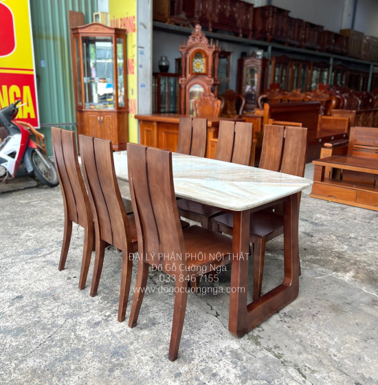 Bộ Bàn Ăn Gỗ Sồi Nga Mặt Đá 6 Ghế Hiện Đại 