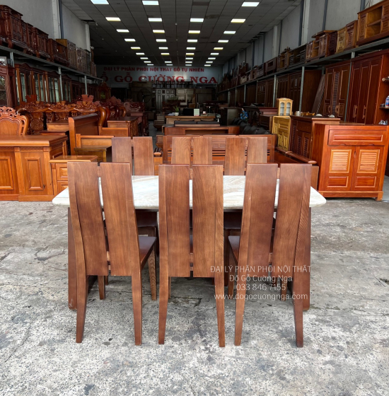 Bộ Bàn Ăn Gỗ Sồi Nga Mặt Đá 6 Ghế Hiện Đại 