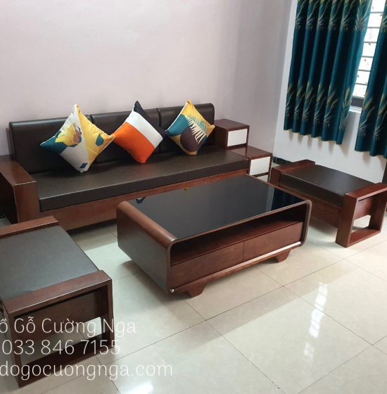 Sofa Gỗ Sồi Nga Văng 2m3 Kèm Nệm Cao Cấp Màu Cánh Gián 