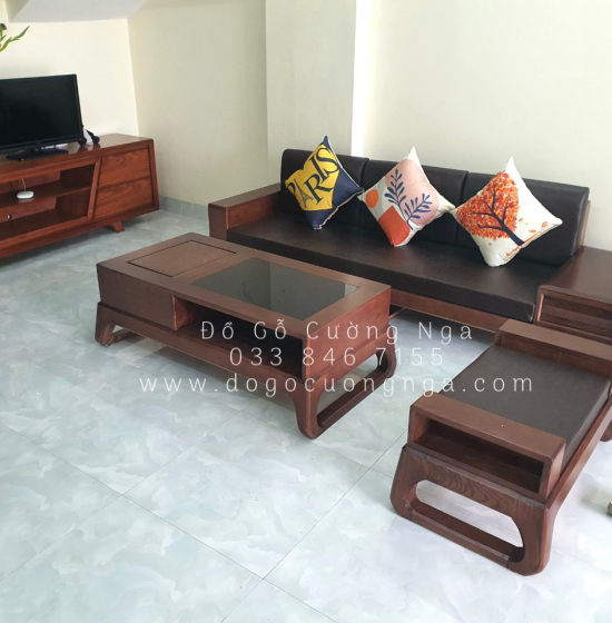 Bộ Sofa Văng Gỗ Sồi Nga Lau Màu Óc Chó 2m3 Kèm Nệm 