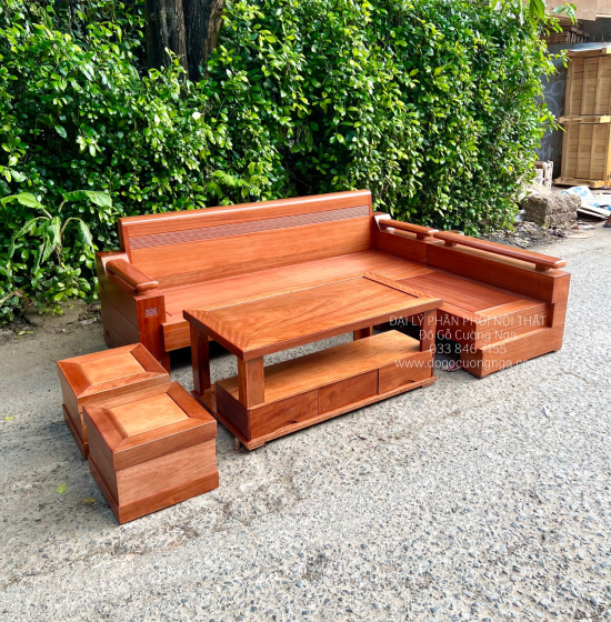 Bàn Ghế Sofa Gỗ Đinh Hương Góc L 2m1x1m6 - Tựa Cong 