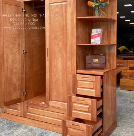 Tủ Quần Áo Gỗ Xoan Đào 3 Cánh 1m9 Kèm Kệ Trang Trí Hiện Đại 