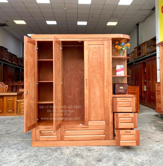 Tủ Áo Gỗ Xoan Đào 3 Cánh Kèm Kệ Góc Vế Phải Hiện Đại 