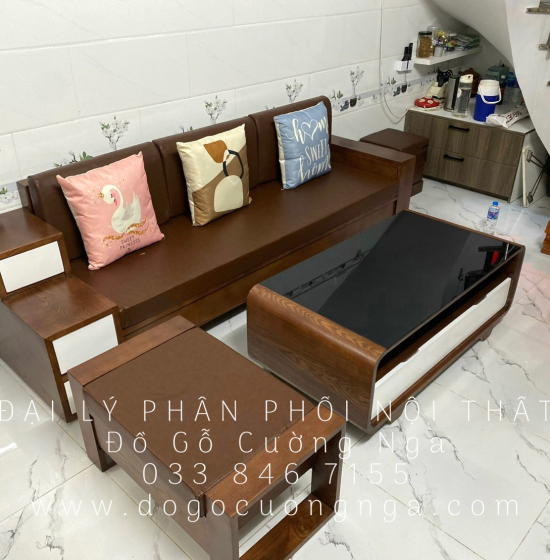 Sofa Gỗ Sồi Nga Văng 2m3 Kèm Nệm Cao Cấp Màu Cánh Gián 