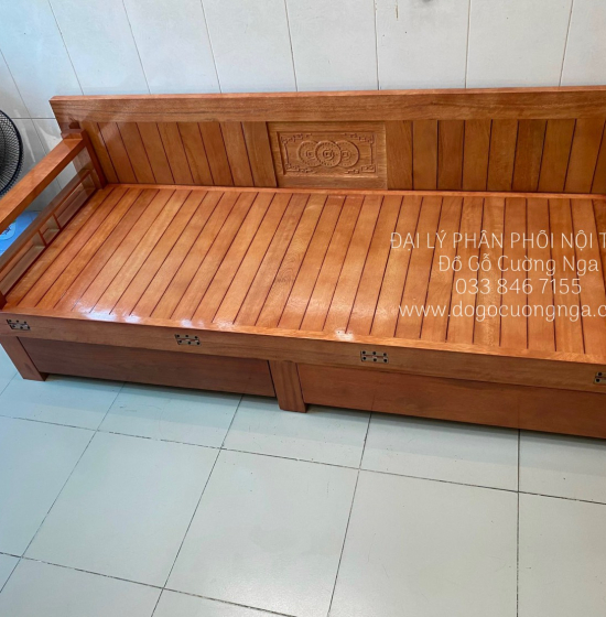 Giường gấp ô kéo gỗ sồi 1m2x1m9 - màu cánh gián 