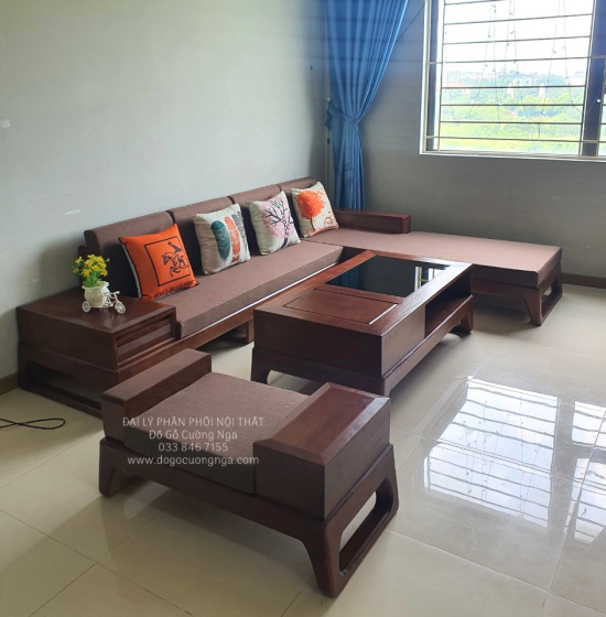 Sofa Gỗ Sồi Nga Lau Màu Óc Chó Góc L 2m8x1m8 Kèm Nệm Đẹp