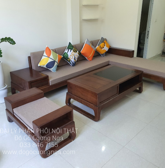 Sofa Gỗ Sồi Nga Lau Màu Óc Chó Góc L 2m8x1m8 Kèm Nệm Đẹp