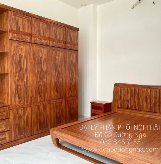 Tủ Quần Áo Gỗ Cẩm Vân 4 Cánh Góc Cao 2 Tầng CV29.1