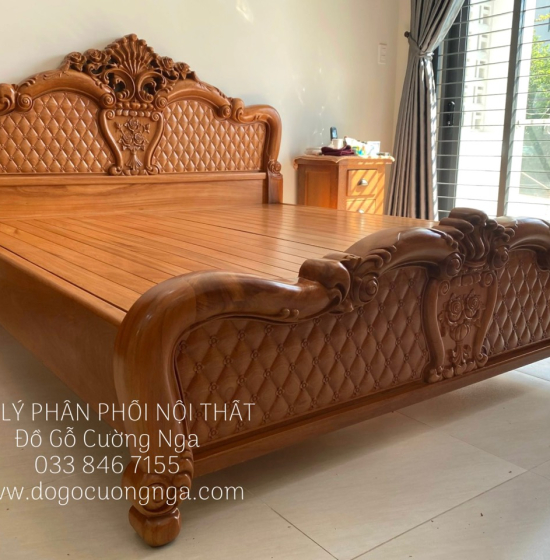 Giường gỗ gõ đỏ cao cấp vạt phản thưa - mẫu hoa hồng 