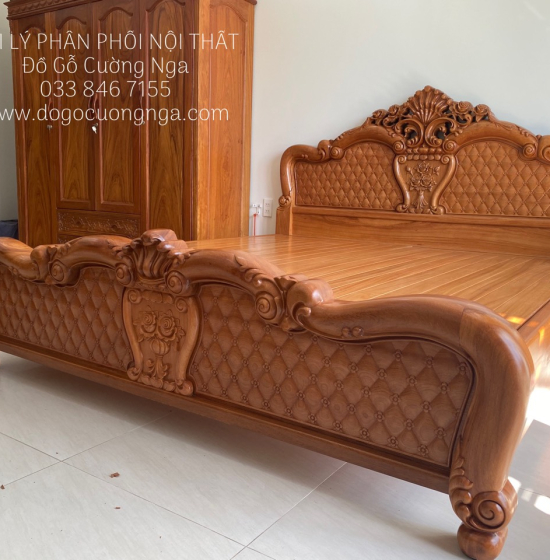 Giường gỗ gõ đỏ cao cấp vạt phản thưa - mẫu hoa hồng 