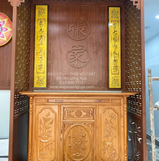 Tủ thờ gỗ gõ đỏ 1m53 - chạm sen cánh phẳng BT 013