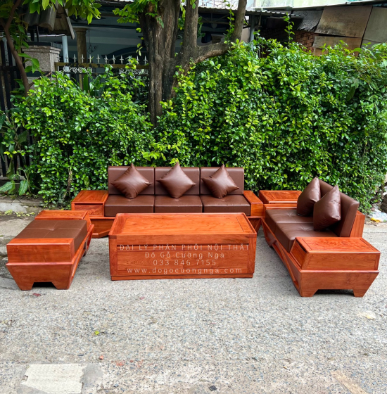 Sofa Gỗ Hương Đá 2 Văng Cao Cấp Chân Thuyền
