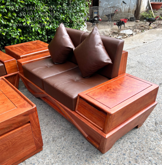 Sofa Gỗ Hương Đá 2 Văng Cao Cấp Chân Thuyền