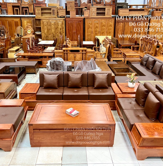 Sofa Gỗ Hương Đá 2 Văng Cao Cấp Chân Thuyền