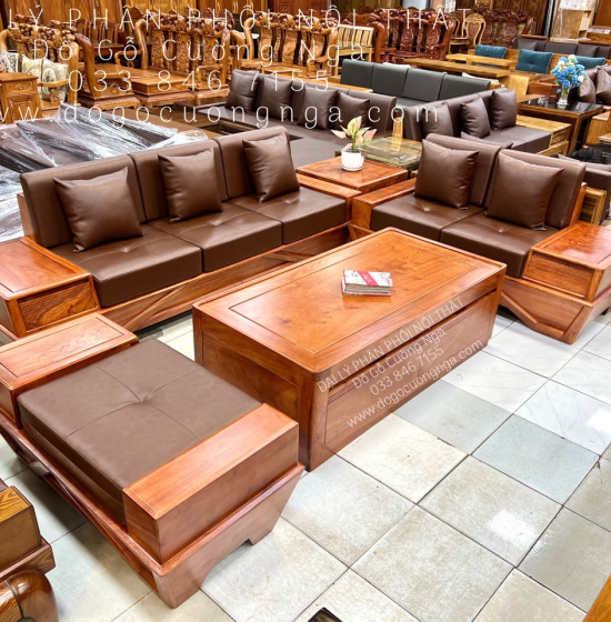 Sofa Gỗ Hương Đá 2 Văng Cao Cấp Chân Thuyền