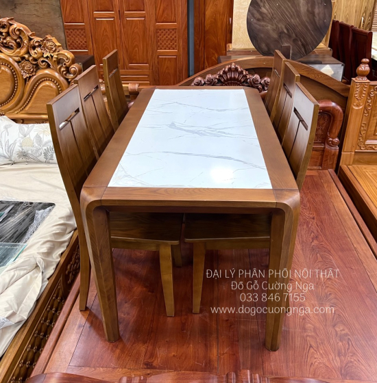 Bộ bàn ăn gỗ sồi nga mặt đá 6 ghế - màu óc chó giá rẻ đẹp 