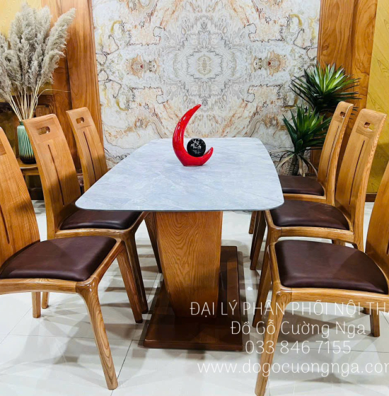 Bàn Ăn Gỗ Sồi Lau Màu Óc Chó Mặt Đá 6 Ghế Cao Cấp Mẫu Mới