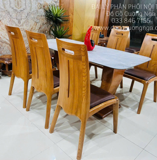 Bàn Ăn Gỗ Sồi Lau Màu Óc Chó Mặt Đá 6 Ghế Cao Cấp Mẫu Mới