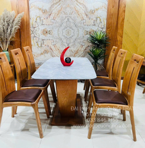 Bộ Bàn Ghế Ăn Gỗ Sồi Nga Lau Màu 6 Ghế Kết Hợp Mặt Đá Hiện Đại 