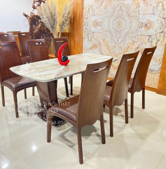 Bộ Bàn Ghế Ăn Gỗ Sồi Nga Lau Màu 6 Ghế Kết Hợp Mặt Đá Hiện Đại 