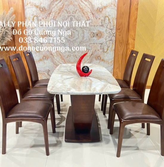 Bộ Bàn Ghế Ăn Gỗ Sồi Nga Lau Màu 6 Ghế Kết Hợp Mặt Đá Hiện Đại 