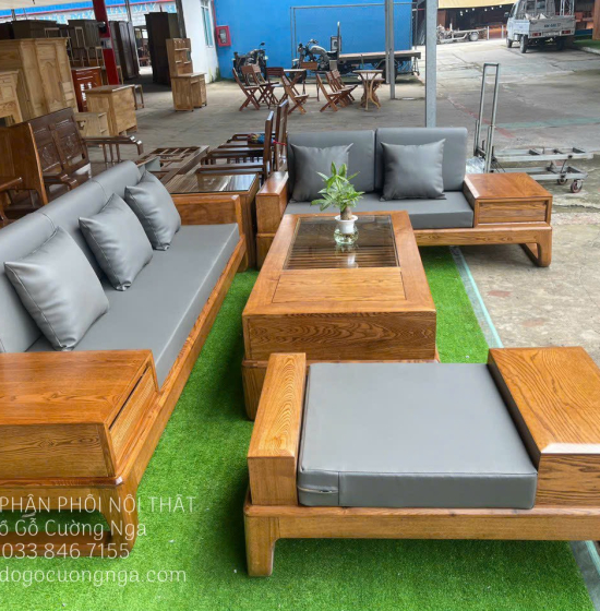 Sofa Gỗ Sồi Nga Lau Màu 2 Văng Kèm Nệm Giá Rẻ