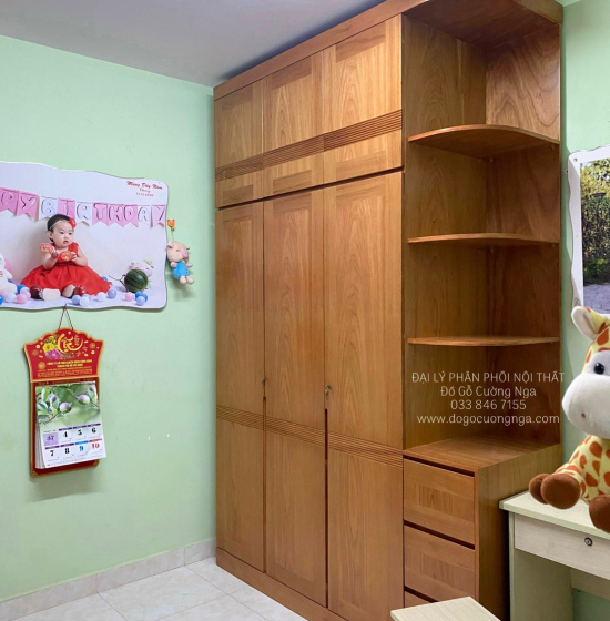 Tủ Quần Áo Gỗ Gõ Đỏ 4 Cánh Góc 2 Tầng Hiện Đại 